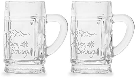 2 Stück Alpenschnaps 2cl Mini-Krug Schnaps-Glas Schnaps-Gläser mit Henkel und Logo, transparent