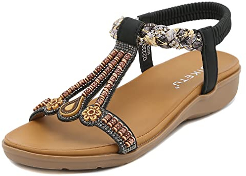 SMajong Sandales Femmes Plates Mode Bohême Strass Fleurs Tongs Confortable Bout Ouvert Chaussures de Plage Vacances