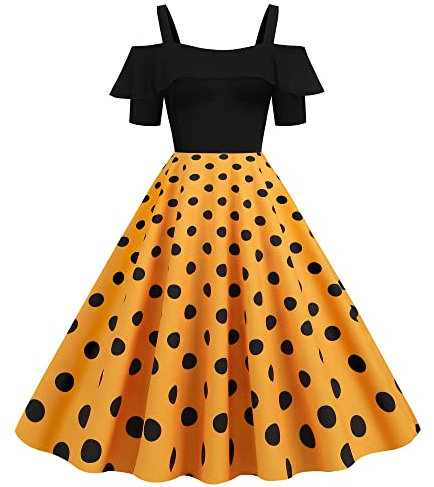Wellwits Femme Robe Vintage Scène de Danse Épaules Dénudées Pois Jaunes M