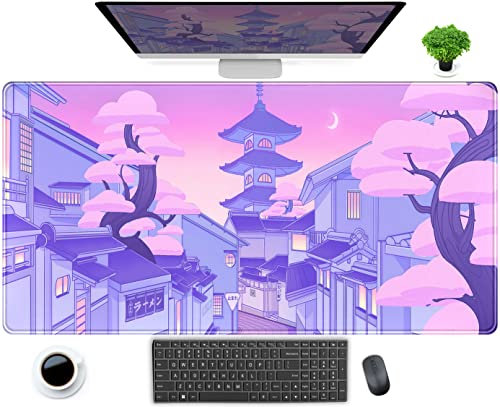 Pastel Purple Aesthetic Anime Desk Mat Mouse Pad Japanese Cute City Street Kawai Mousepad Large XXL Extended Gaming Desk Pad with Stitched Edges 31.5x15.75 in, Laptop Mouse and Keyboard mat Pad
