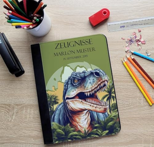CreaDesign Customize A4 Zeugnismappe für Kinder 26,7x32,7x1 cm, Sichtbuch mit 10 Klarsichthüllen, erweiterbar auf bis zu 20 Taschen, Dinosaurier design, Dokumentenmappe für Schüler