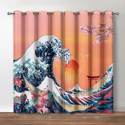 Jekeno Great Wave Verdunkelungsvorhänge, japanisches Kanagawa-Ozeanboot-Dekor, Kirschblüten-Sonnenuntergang, Schreintor, Thema, Fenstervorhänge für Schlafzimmer, Wohnzimmer, 132 cm breit, 160 cm lang,
