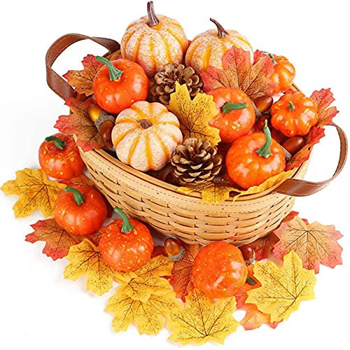 128 Stück künstliche Kürbisse Deko Simulationskürbis Herbstdeko Künstlichen Ahornblättern Gefälschte Kürbisse Tannenzapfen Eicheln für Tischdeko Herbst Halloween Thanksgiving-Dekorationen (128pcs)