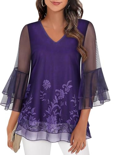 Syphiby Camicette da donna con maniche a 3/4, stile casual, a doppio strato, scollo a V, in chiffon, a tunica, Floreale viola., M