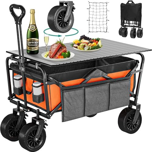 YITAHOME Beach Trolley with Big Universal Wheels, Folding Wagon with table 2 Drink Holders, Large Capacity 220 lbs Adjustable Handle Height, Festival Trolley for Outdoor Garden Picnics (Orange)