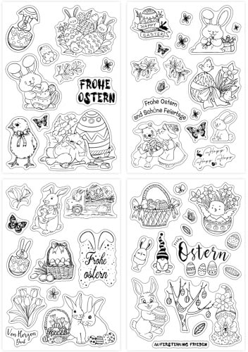 Silikonstempel Ostern, 4 Blätter (51PCS) Stempel Ostern, Clear Stamp Set, Transparent Silikon Stempel OsterHasen/Ostereier, Prägung Stempel für DIY Handwerk Scrapbooking Fotoalbum Karten Dekoration