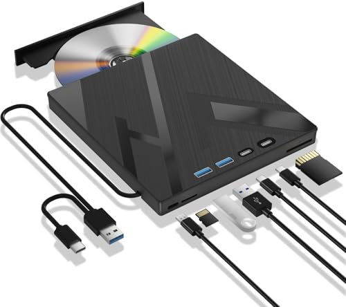 7 in 1 External Bluray Drive, USB 3.0 Type-C Optical External Bluray/DVD Drive Burner with SD/TF Port, Support 100G Disc R/W for PC Compatible with Windows XP/7/8/10/11 Mac Laptop Desktop
