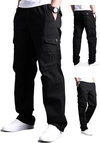 Aotoyou Cargohose Herren Baumwolle Cargo Hose Lange Freizeithose mit 7 Taschen und Elastische Taille Outdoorhose Wanderhose, Schwarz XXL