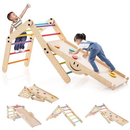 DREAMADE 5 in 1 Indoor Klettergerüst mit umkehrbarer Rampe, Kletterspielzeug aus Holz, Kletterdreieck mit Rutsche zum Rutschen & Klettern & Wippe & Tritthocker für Kinder ab 3 Jahren (Bunt)