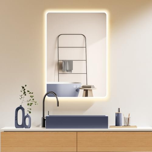 HOKO großer Antibeschlag LED Badspiegel 100x70 cm / 70x100 cm Nevada mit Weißer Metall Rahmen, HOCH+QUER Montage. Touch Schalter, Energiesparend, Licht Wechsel 2700-6500K, Warmweiß-Kaltweiß-Neutral