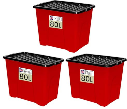 Neat. 80L Storage Boxes with Lids - Red Base & Black Clip Lid Ideal for Home Organisation, Durable, Space-Saving Plastic Box with Lid Storage Solutions Great for Bedroom, Garage & Office Use Pack of 3