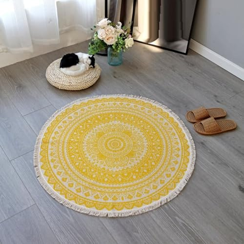 Runder Teppich Aus Baumwollleinen Mit Fransen, Gelb – Waschbarer, Handgewebter Quasten-Kreisteppich, Böhmische Bodenmatte, Mandala-Blumen-Überwurfteppich Für Schlafzimmer, Wohnzimmer, Heimdekorat
