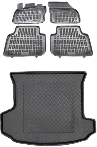 MOTOS Satz Gummifußmatten und PE Kofferraumwanne für Skoda Kodiaq I ab 2021 Verbessern Sie Ihren Reisekomfort mit Antirutschmatte Auto - Allwetter fußmatten Auto, Schutz vor Verschmutzung