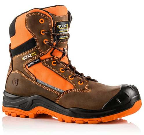 Buckler Buckbootz BVIZ1 Waterproof Hi Vis Safety Work Boots Buckz Viz Metal Free (Brown/Orange, UK Footwear Size System, Adult, Men, Numeric, Wide, 7)