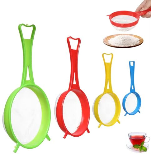 YanBous Set de coladores de plástico de 4 tamaños diferentes (13,5/11,5/8,5/6,5 cm), para cocina: harina, quinoa, arroz, pasta, azúcar glas y más. Perfecto para escurrir, filtrar y tamizar.