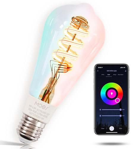 MOES Alexa Smart Glühbirne E27 Vintage, WLAN RGB LED Lampe, Dimmbar, 5W, 2700K-6500K Warmweiss & Kaltweiß, Edison Birne, Musiksynchronisation, 16 Mio. Farben, Kompatibel mit Alexa & Google Home