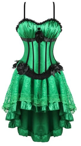 Grünes Gothic Corsagenkleid Korsett Spitenrock Übergrößen Steampunk Corsagenkleid Piraten Bustier Spitzen Rock und Oberteil für Halloween Korsett Damen Bauchweg Corsage Damen Kleid