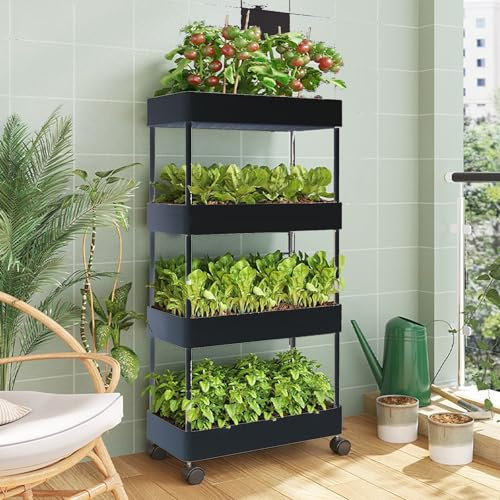 Blumentreppe, 4-stufiger Blumentopf aus Kunststoff, Mehrfach-Präsentationsständer, rollender Pflanzenständerhalter mit Rädern, für mehrere Pflanzen, Terrasse, Garten, Balkon, Wohnzimmer(Color:1)