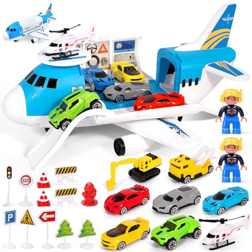 KIMIGO 23 in 1 Transport Flugzeug Spielzeug,Flugzeug Spielset, Transport Cargo Flugzeug Auto Spielzeug Spiel Set für 3+ Jahre alte Jungen und Mädchen