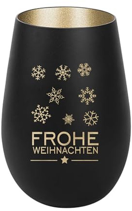 Der-Porzellan-Laden Windlicht mit Gravur Frohe Weihnachten Schneeflocken | Schwarz Gold, Teelichthalter Weihnachten aus Glas, Weihnachtsdeko Tischdeko