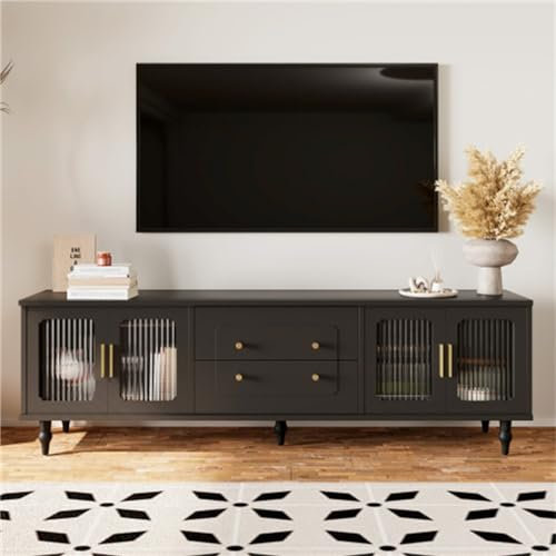 Meuble TV De Style Vintage avec Portes Vitrées Et Rangements, Meuble Bas avec Poignées Dorées Et Pieds en Bois Massif, 175 X 38 X 55,5 Cm, pour Le Salon(Color:Noir)