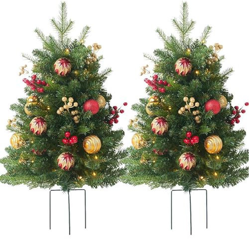 KKwercv Holiday Planter Filter, Pathway Christmas Trees, Pre-Lit Artificial Xmas Urn Filler with LED Lights, Red Berries, Outdoor Light up Planter Filler, Festival Holiday Decor