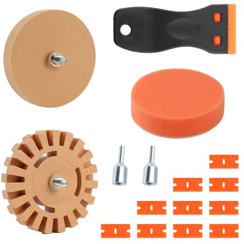 14 Stück Folienradierer mit Adapter Set, Radierer Gummi Aufkleber Entferner | Radiergummi für Entfernen von Folien und Kleberesten an Fahrzeug, Auto oder Motorrad, mit Schwamm und Schaber