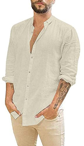 Rodawu Mens Shirts Long Sleeve Cotton Linen Shirts Casual Summer Shirts Lightweight Beach Tops Fashion Khaki Shirt L