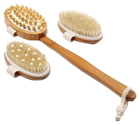 Massagegerät mit Langem Griff, Bambus Trockenbürsten Satz für Körper | Abnehmbarer Griff, 3 Bürsten Enthalten, Peeling und Trockene Anwendung, für Gesicht und Pflege