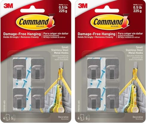 Command Small Stainless Steel Metal Hooks - 4 Hooks, 5 Adhesive Strips - Damage Free Hanging for Wall and Door (Pack of 2)