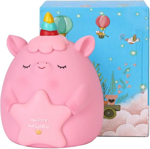 Creamily Unicorn Piggy Bank, Briuhap Unbreakable Resin Money Coin Bank, Cute Piggy Bank with DIY Alphabet & Rhinestone Stickers, for Birthday, Christmas, Baby Shower (Pink)