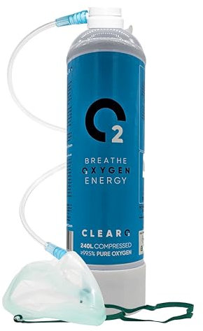 ClearO2 Cilindro de oxígeno de 240 litros con válvula, máscara y tubo, oxígeno puro de respiración en un recipiente de acero desechable ligero, fabricado en Gran Bretaña