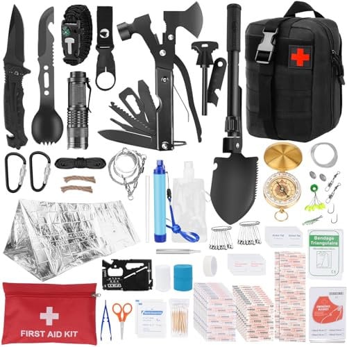 HIMOMO 103 in 1 Survival Kit, Mehrzweck Survival ausrüstung mit Multi-Tool, Axt, Klappspaten, Taschenlampe, Kompass, Rettungsdecke für Männer Camping Abenteuer Bergsteigen Wandern