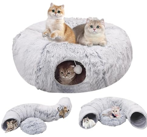 Tunnel pour chats, Tunnel rond pour chats avec espace de couchage et lit, Tunnel pliable multifonctionnel pour chats avec balle de jeu, jouet interactif pour chatons d’intérieur (Gris)