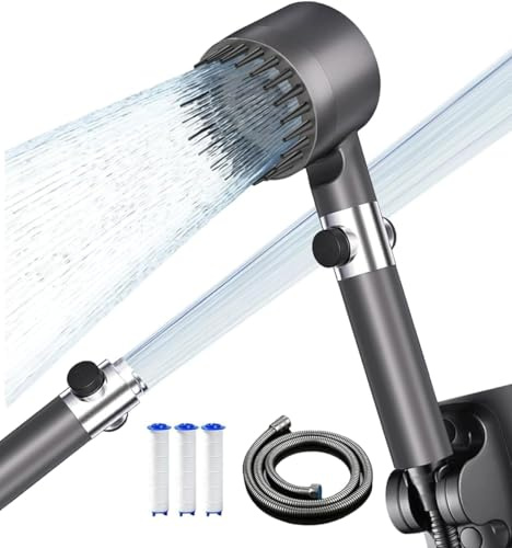 High Pressure Shower Heads,Handheld Massage Powerful Showerheadwith 15 Stage Filter,1.5M Shower Hose and Shower Stand,4 Spray Jet Modes, with Pause Switch, Grey