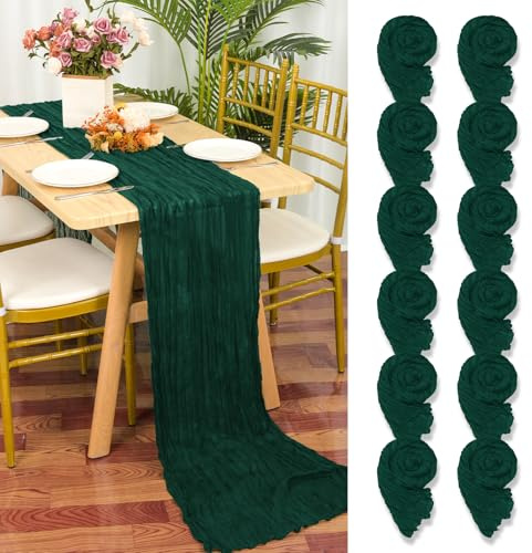 12 Stück Seihtuch Tischläufer Dunkelgrün,55 x 300 cm Grün Rustikaler Gaze Stoff Boho Tischläufer Käsetuch Cheesecloth Tischläufer Hochzeit Tischdecke für Hochzeitsfeier Brautparty Tischdekoration