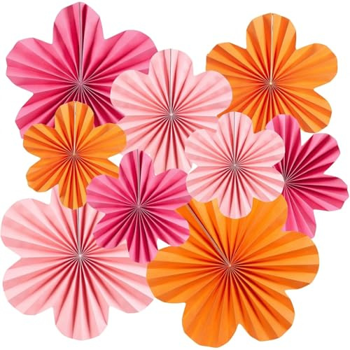 Fesnova 9 Stück Papier Fächer Deko, Pink Orange Papierfächer Deko | Papierblumen zum Aufhängen, Papierblumen, für Geburtstagsdeko Blumen, Gartenparty Tischdeko, Hochzeit
