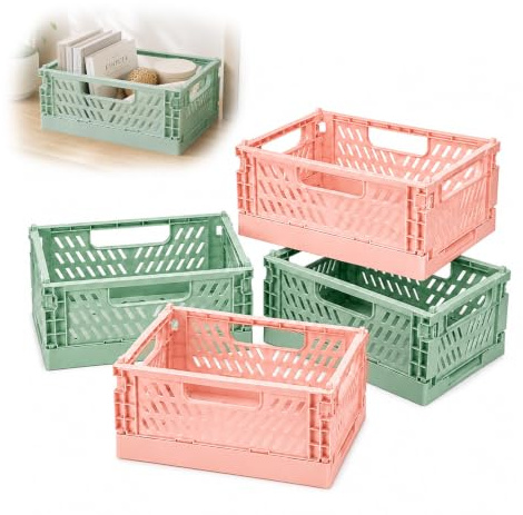 4 Pcs Collapsible Storage Boxes, Stackable Storage Baskets, Folding Crates, Foldable Basket, Plastic Foldable Crates for Office Kitchen Bathroom Cupboard Storage Organiser (Pink and Green)