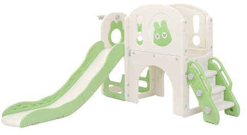 Joyz Toboggan Enfants avec Structure d'Escalade, Aire de Jeux 5 en 1 avec Panier de Basket, Télescope, Allée, Tunnel et Espace de Stockage, Intérieur et Extérieur, Dès 3 Ans, Plastique HDPE Vert Clair