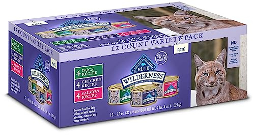 Blue Buffalo Wilderness High Protein, Natural Adult Pate Wet Cat Food Variety Pack, Chicken, Salmon, Duck 3-oz Cans (12 Count- 4 of Each Flavor)
