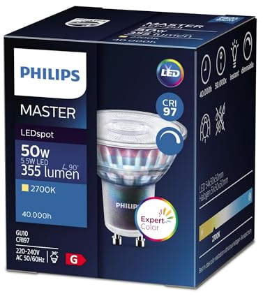 Philips Master ExpertColor GU10 LED Bulb Dimmable 3000K Warm White PAR16 Spotlight, 3.9W 35W Equivalent, CRI97 High Colour Accuracy, 25° Beam Angle, Premium Retail & Hospitality Lighting