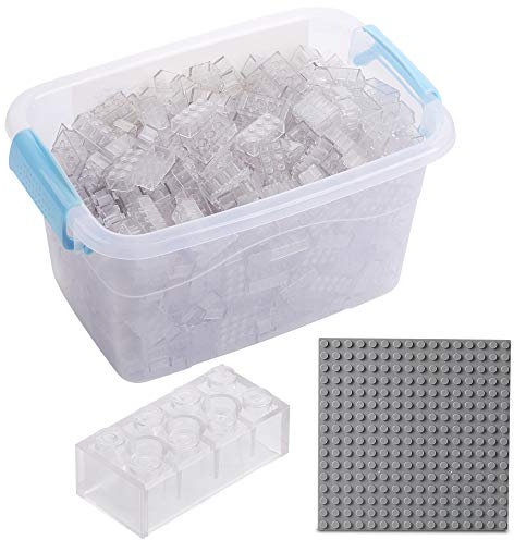 Bausteine - 520 Stück, Kompatibel zu Allen Anderen Herstellern - Inklusive Box und Grundplatte, Transparent