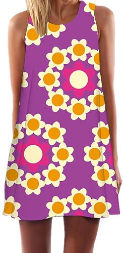 Ocean Plus Damen Ärmelloses Minikleid Digitaldruck Strandkleid Sommerkleid Tank Tops Rundhals Kurz A-Line Hemdkleid Blusekleid (L (EU 38-40), Fleurs Violettes)