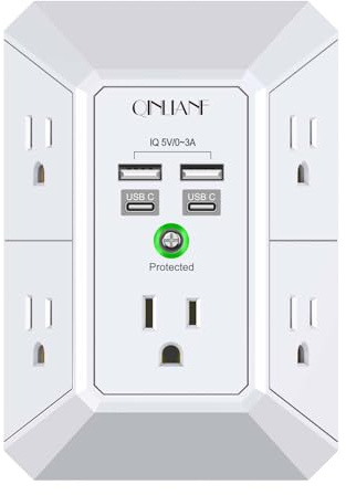 USB Wall Charger, Surge Protector, QINLIANF 5 Outlet Extender with 4 USB Charging Ports(2U2C) 3-Sided 1680J Power Strip Multi Plug Outlets Wall Adapter Spaced for Home Travel Office, White