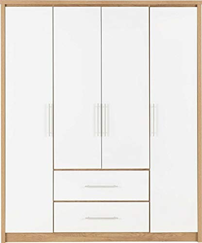 Furniture 321 Seville 4 Door 2 Drawer Wardrobe White High Gloss, Light Oak Effect Veneer (No Delivery To Flats)