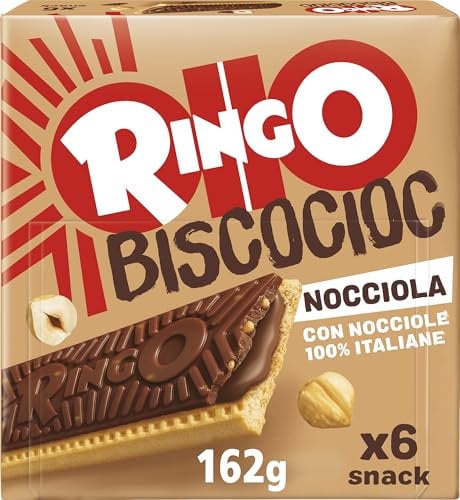 Pavesi Ringo Bisco Cioc Nocciole, Biscotto Ripieno di Crema con Nocciole Italiane 100% e Copertura di Cioccolato per Snack Dolce e Gustoso per la Merenda - Confezione da 6 Snacks - 162 g
