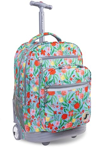 J World Sundance Laptop Rolling Backpack for Girls Boys. Roller Bookbag with Wheels, Flora