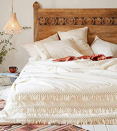 Sacebeleu Bohemian Bettwäsche 135x200 cm Mikrofaser Beige Weiß mit Quasten Dekoration Boho Style,1 Bettbezug und 1 Kissenbezug 80x80cm mit Reißverschluss