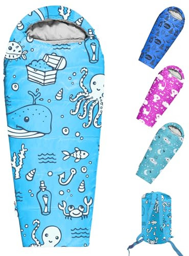 KidzAdventure Mummy Style 32-59F Kinder-Schlafsack mit Kissenbezug, 4 Jahreszeiten, leicht und Rucksack-Stil, ideal für Camping, Übernachtungen, Jungen, Mädchen, Jugendliche und Kleinkinder - Ocean