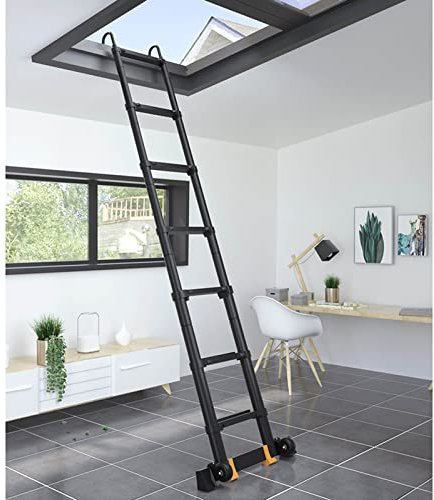 Teleskopleiter Leiter Treppenleiter 5.5m / 5.1m / 4.7m / 3.9m / 3.5m / 2.7m / 2.3m Teleskopleiter mit Haken, Aluminium Schwarz Groß Teleskopleitern mit Stabilisator, Schwerlast Tragt 200kg